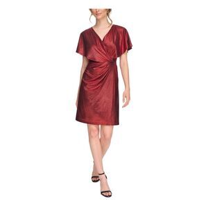 KENSIE DRESSES Womens Red Lined V-back With Tie Flutter Sleeve Sheath Dress 0